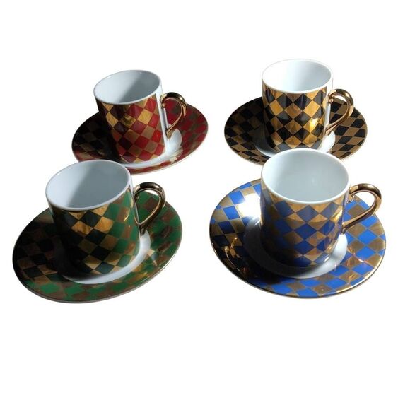 Neiman Marcus Japan Vintage Demitasse Espresso Cup & Saucer Set of 4 Gold Diamon - Picture 3 of 15